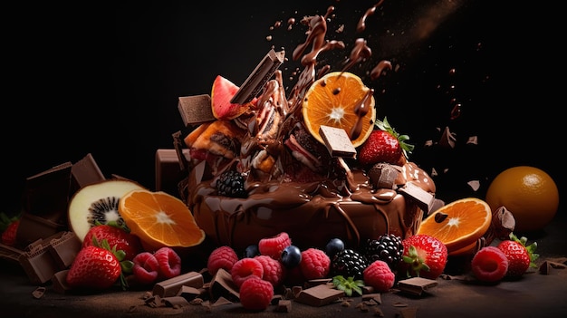 Lody czekoladowe z owocami i czekoladą na wierzchu.