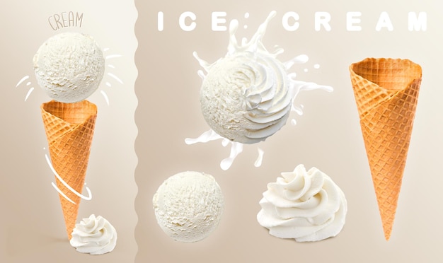 Lody Gałki lodów śmietankowych z rożkiem waflowym i kremową fotografią Ilustracja 3D