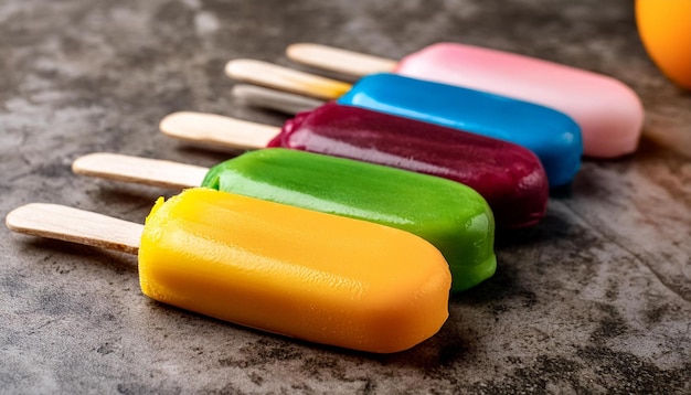 Zdjęcie lody na pałeczkach w różnych kolorach i smakach na kamiennym tle pyszny letni deser