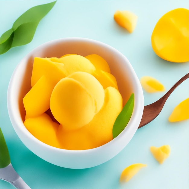 Zdjęcie lody o smaku mango w plasterkach mango ilustracja