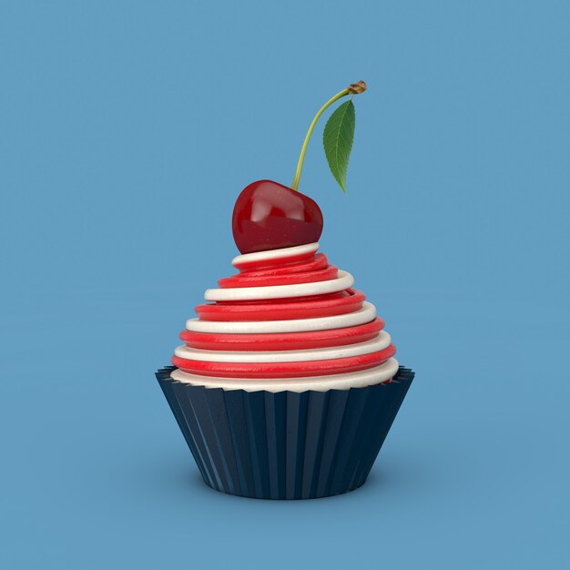 Lody Sundae Cupcake z wiśnią na niebieskim tle. Renderowanie 3D