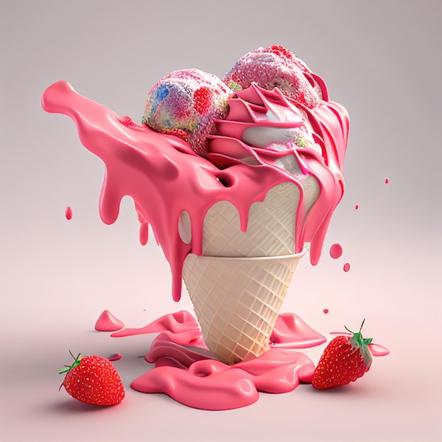 Lody truskawkowe z kawałkami truskawek w kubku waflowym Generative Ai Art Colourful Summer Concept