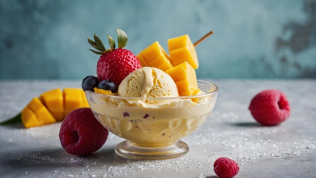 Lody w pięknym kubku z cytryną i mango z owocami na szczycie lody generatywny AI