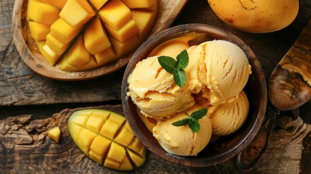 Lody z mango w misce z kawałkami mango