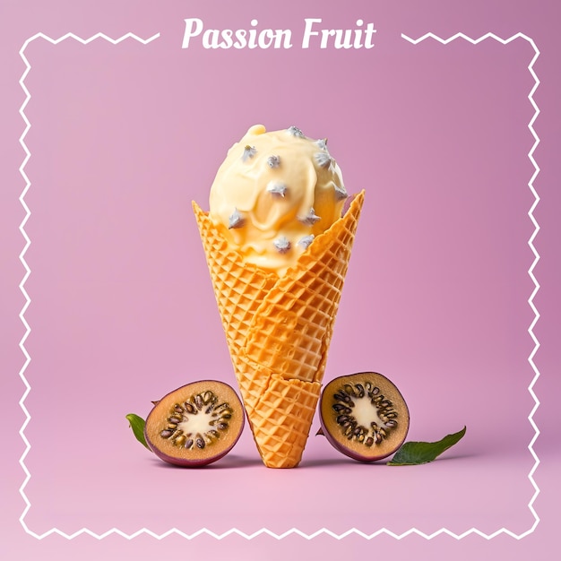 Lody z marakui Ice cream cone on gradient color background Transparent 3D illustration