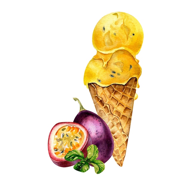 Lody z marakui w wafelku w akwareli ilustracji na białym tle