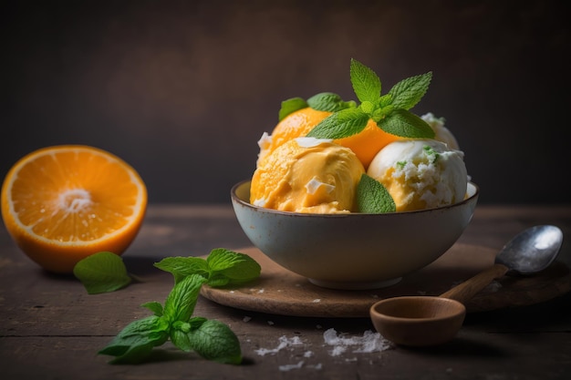 Lody z sorbetu pomarańczowego w miseczce o pikantnym smaku Generative AI