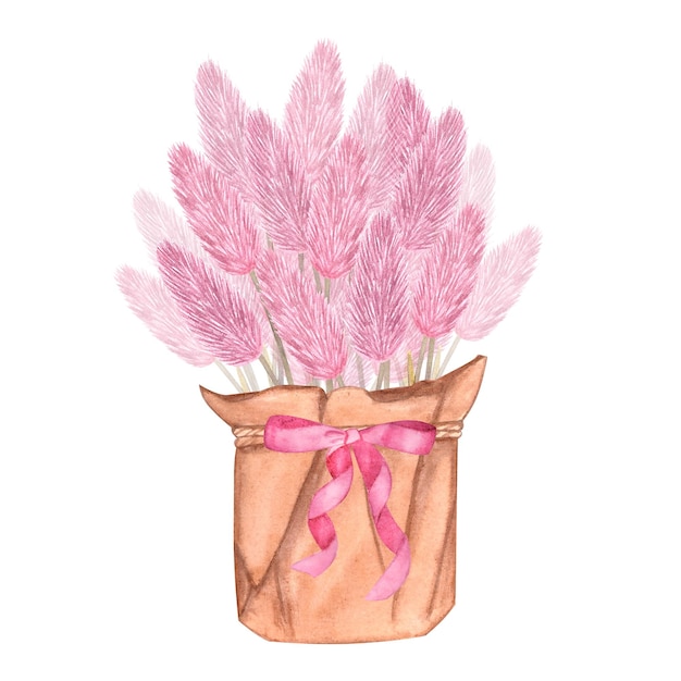 Łodygi różowych suszonych kwiatów ziół Kosz rzemieślniczy z kokardą Handdrawn akwarela ilustracja izolowana na białym tle Dla plakatów pstcards