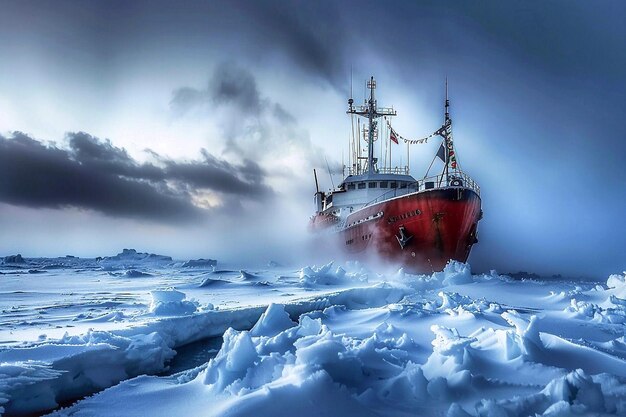 Łódź lodołamacza na zamarzniętych i śnieżnych wodach oceanicznych