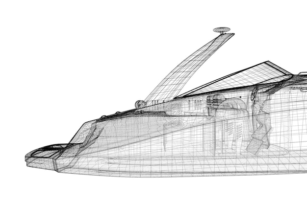 Łódź motorowa, pędząca łódź motorowa, struktura ciała modelu 3D, model drutu