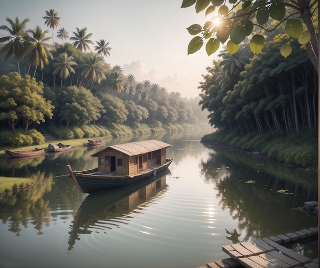 łódź na długiej rzece wśród drzew