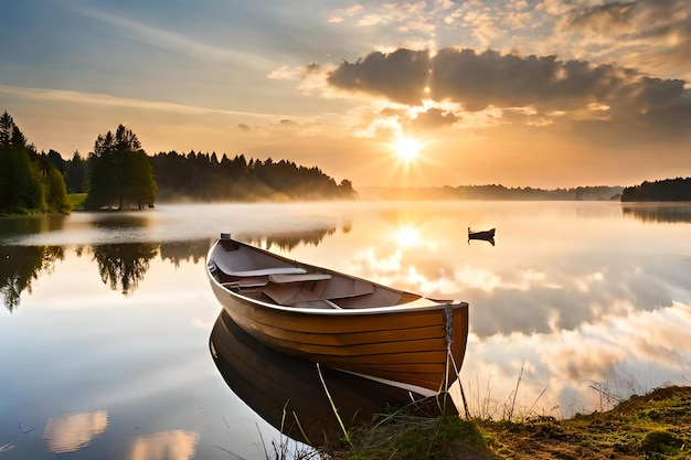 łódź na jeziorze na tle zachodu słońca