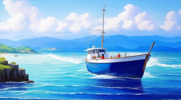 Łódź na oceanie malowanie tapety tła krajobraz żeglarstwo Generatywna sztuczna inteligencja