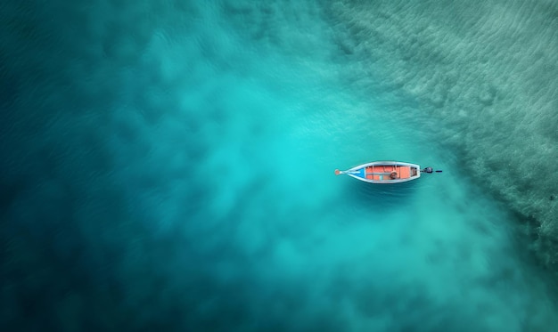Łódź na powierzchni wody z widoku z góry turkusowo-niebieski tło wody z widoka z góry letni krajobraz morski