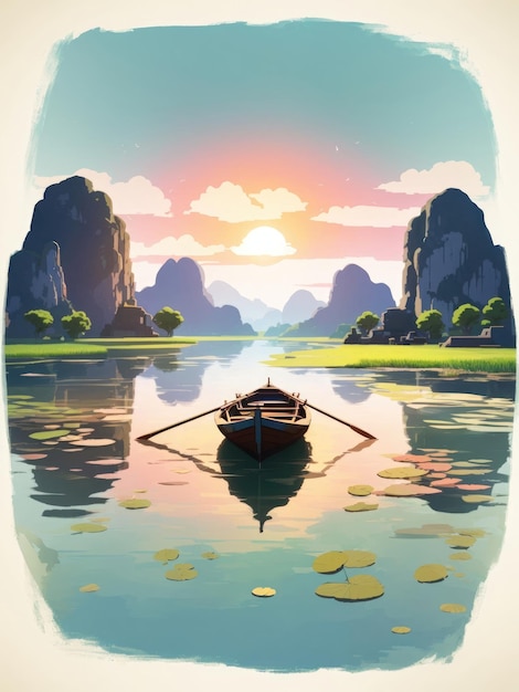 łódź na rzece o zachodzie słońca