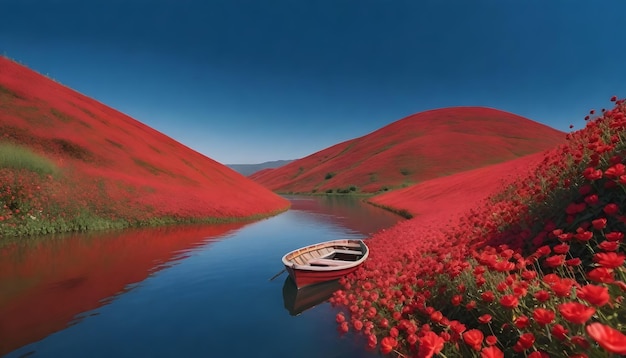 Łódź pełna kwiatów pływająca po rzece otoczona wzgórzami pokrytymi czerwonymi kwiatami
