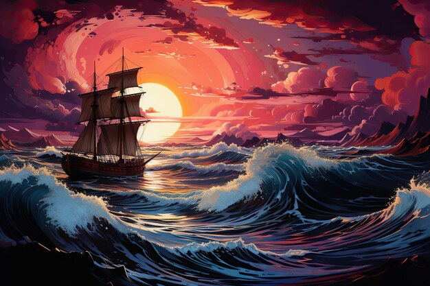 łódź pływająca w oceanie z wieloma falami zachodu słońca na tle