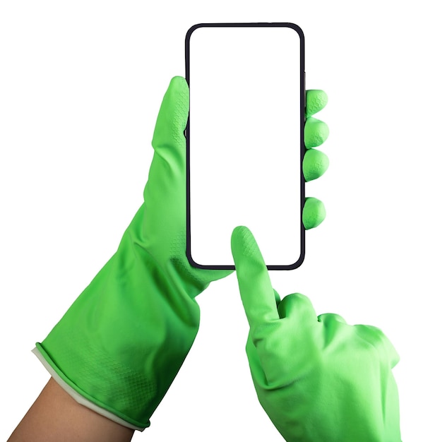 Łódź Polska 07 lutego 2023 r. Ręka w rękawiczkach do czyszczenia z makietą ekranu telefonu komórkowego makieta smartfona izolowana na białym tle
