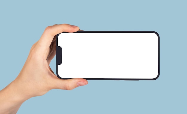 Łódź Polska 26 maja 2023 Ręka trzyma poziomą makietę ekranu telefonu komórkowego makieta pustego wyświetlacza dla aplikacji wideo