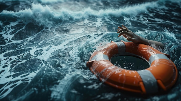 Łódź ratunkowa pływająca na morzu w burzliwej pogodzie Była ręka osoby zanurzonej w wodzie obok niego Światowy Dzień Ratownictwa