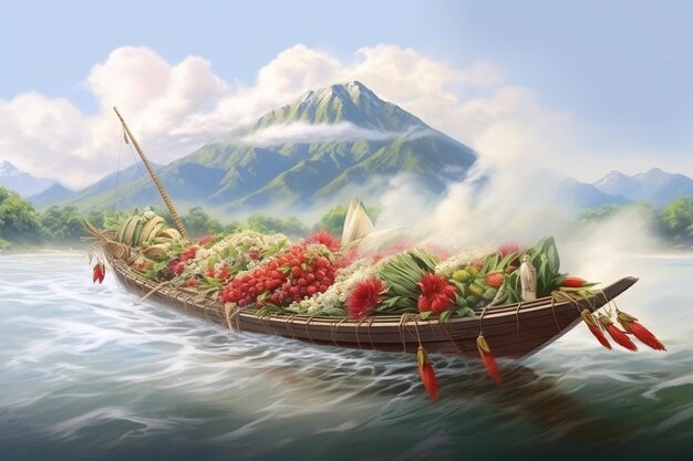 Łódź smoka z zongzi na rzece na festiwal łodzi smoka z górami i chmurami