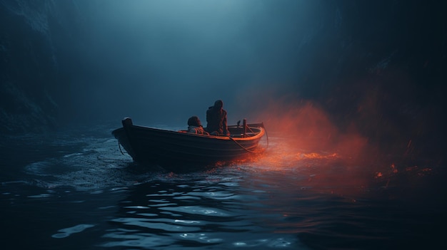Łódź w nocy na morzu z mgłą