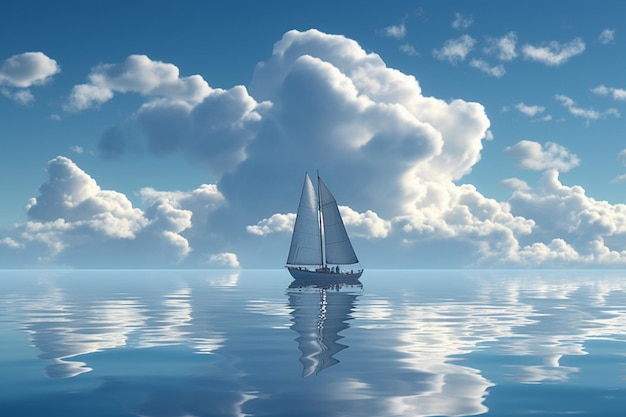 Łódź w oceanie z chmurami i niebieskim niebem