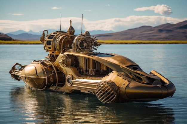 Łódź w stylu steampunk jest na wodzie w jeziorze Beautiful illustrationobraz Generative AI