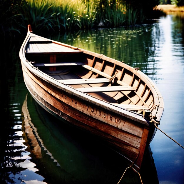 Zdjęcie Łódź wiosłowa stara tradycyjna drewniana łódź wiosowa do transportu na stawie lub rzece