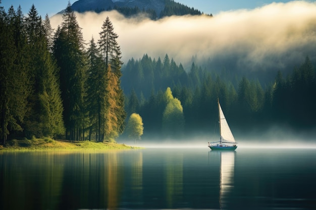 Łódź żaglowa na jeziorze w porannej mgle Piękny krajobraz spokojne jezioro z drzewami i roślinami w kolorach wiosennych góry w tle mały żaglowiec na jeziorze AI Generated