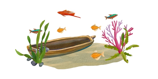 Łódź zatopiona na dnie oceanu Akwarela przedstawiająca podwodny świat z roślinami