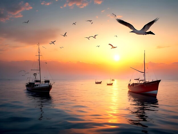 Łodzie pływające na morzu wschód słońca i latające ptaki