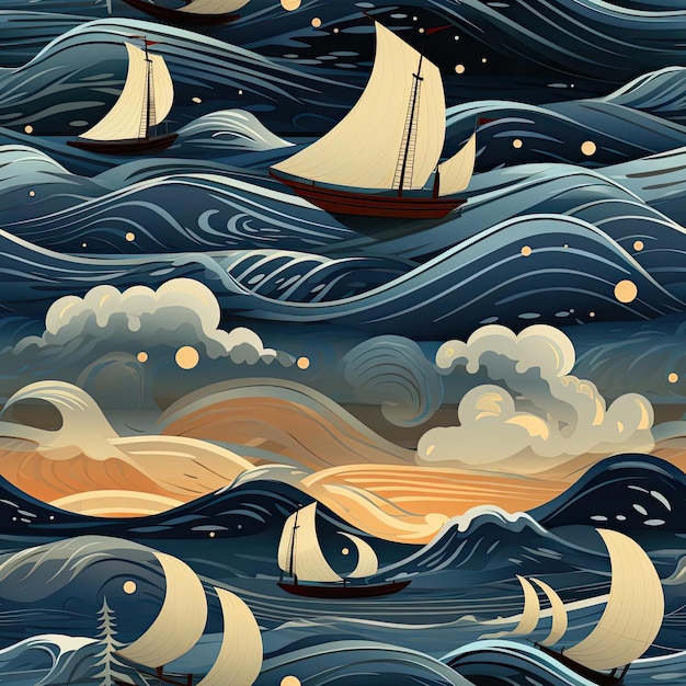 Łodzie pływające po morzu z ilustracją w starym stylu
