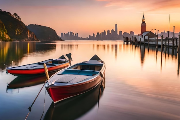 Łodzie przed panoramą miasta z miastem w tle.