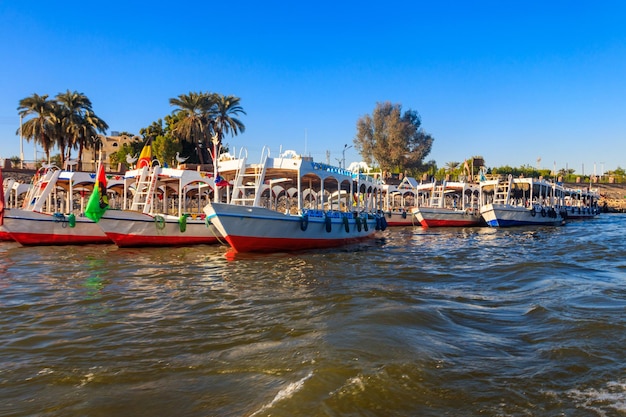 Łodzie turystyczne zacumowane w pobliżu brzegu Nilu w Luksorze, Egipt