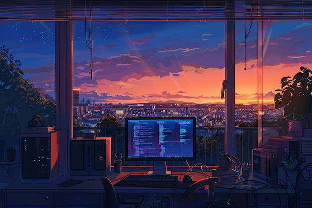 Lofi Coding Retreat Koder przyjmuje retro anime w spokojnie oświetlonej przestrzeni roboczej