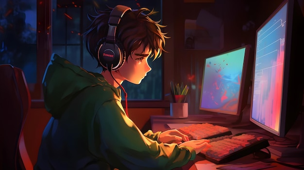 Lofi Girl Style przedstawia chłopca studiującego i słuchającego muzyki