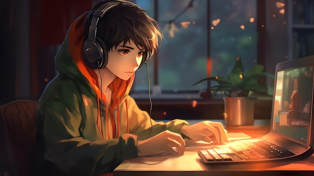 Lofi Girl Style przedstawia chłopca studiującego i słuchającego muzyki