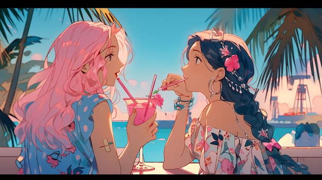 Lofi Girls pije koktajl na barze na plaży projekt tła ilustracji anime Generative AI