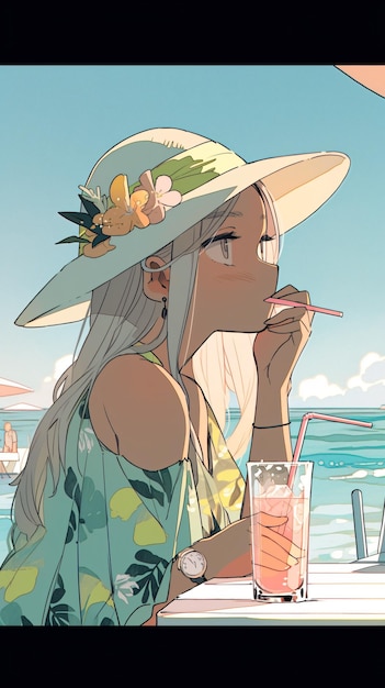 Lofi Girls w bikini na barze na plaży anime tapeta w tle w naturze Generative AI