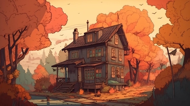 LOFI House on the street ilustracja anime styl manga tapeta kolor tła Generative AI