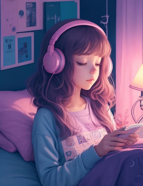 Lofi music piękna dziewczyna z anime słucha muzyki
