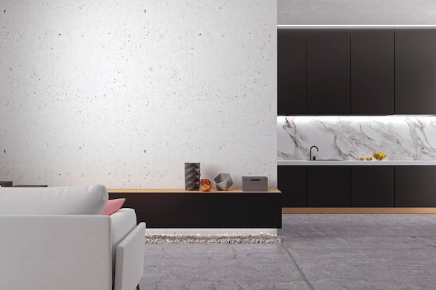 Loft minimalistyczny biały salon z betonową podłogą, kuchnią, sofą. Ilustracja renderowania 3D.