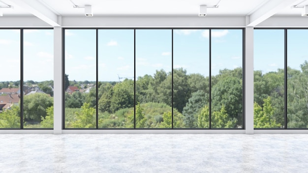 Loft pusty pokój z ramą okna i betonową podłogą renderowania 3d