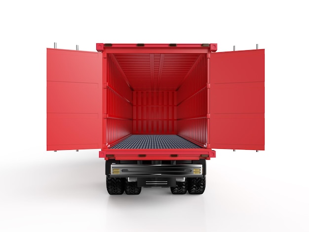 Logistyczna ciężarówka z przyczepą lub ciężarówka z pustym kontenerem otwartym na białym tle
