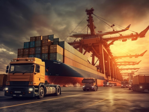 Logistyka biznesowa i koncepcje transportowe ciężarówek kontenerowych statków w porcie i samolotów towarowych w transporcie i importo-eksporcie logistyka handlowa Generatywna sztuczna inteligencja