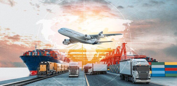 Logistyka import eksport kontenerów ładunek statek ciężarówka transport kontener na autostradzie w porcie ładunek wysyłka dok stocznia samolot transport przemysł koncepcja 3d render i ilustracja