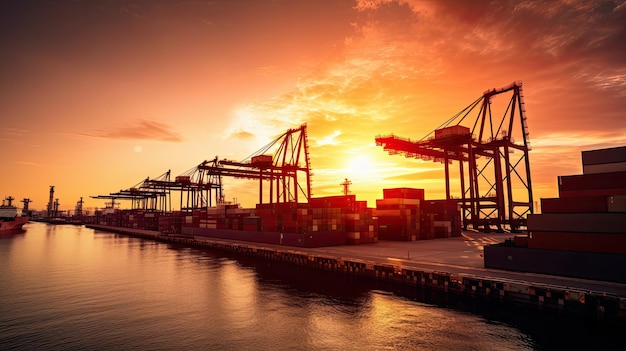 Logistyka transportu i stocznia kontenerowa z dźwigiem w stoczni importującej i eksportującej ładunek ze słonecznym niebem