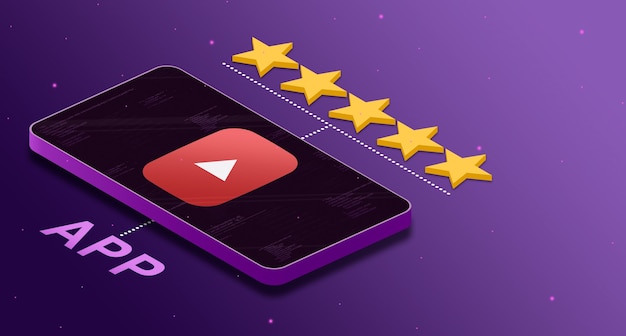 Logo aplikacji YouTube na telefonie z pięciogwiazdkową oceną 3d