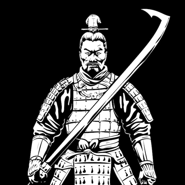 Logo chińskiego wojownika z terakoty z halberdą stoicka ekspresja koszulka tatuaż kolaż projektowanie sztuki